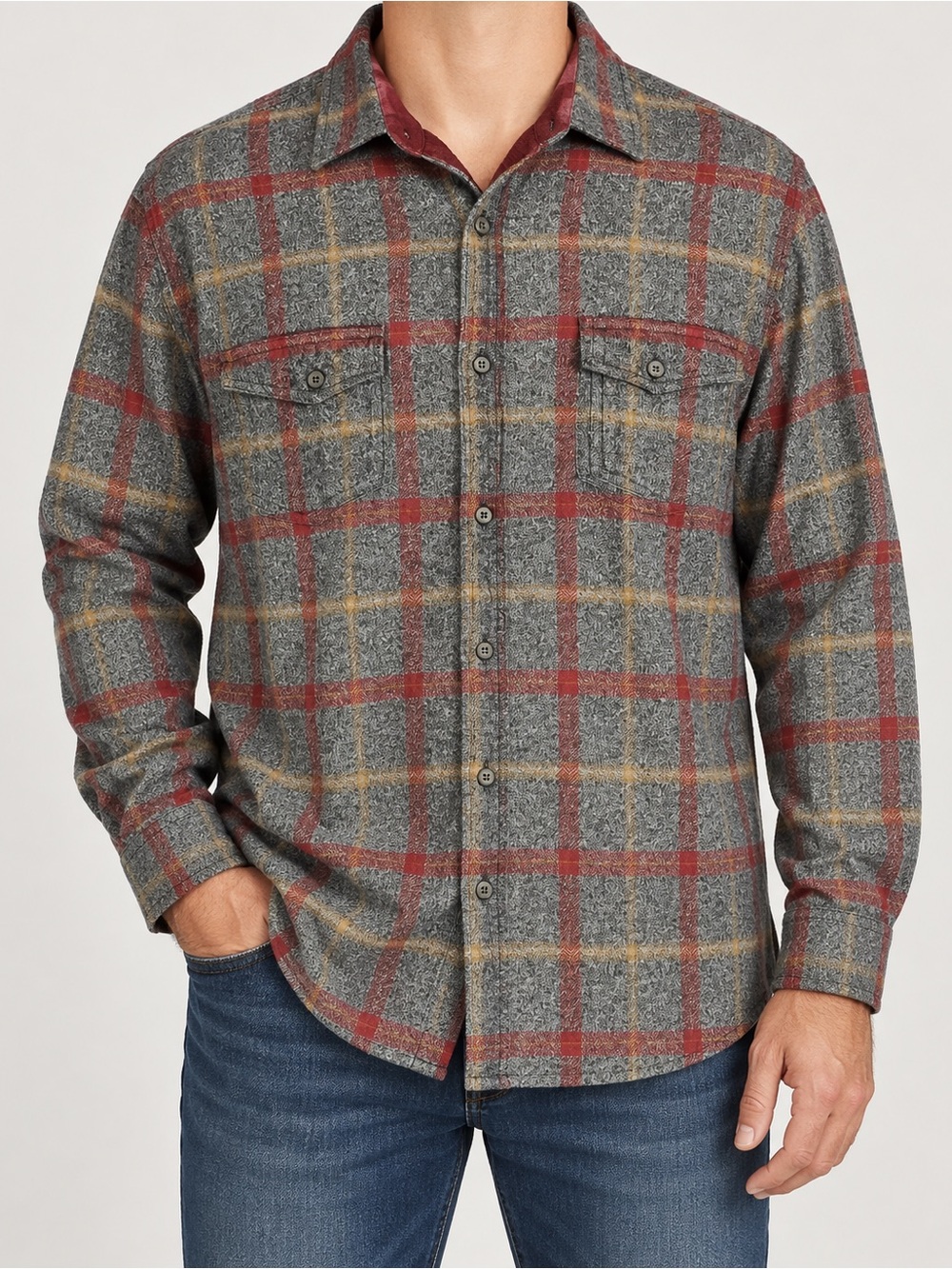 Carbon2Cobalt Men’s LT Plaid Flannel Shirt Gray Red Corduroy Trim 133582T XL